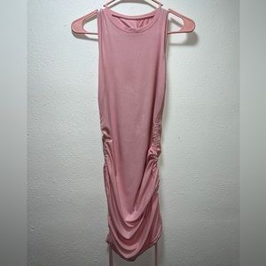 Rouched pink drawstring bodycon midi dress